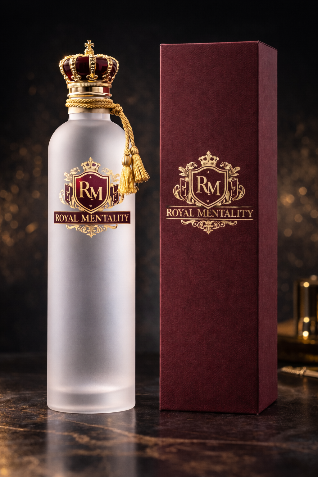 Royal Mentality premier vodka bottle with matching box