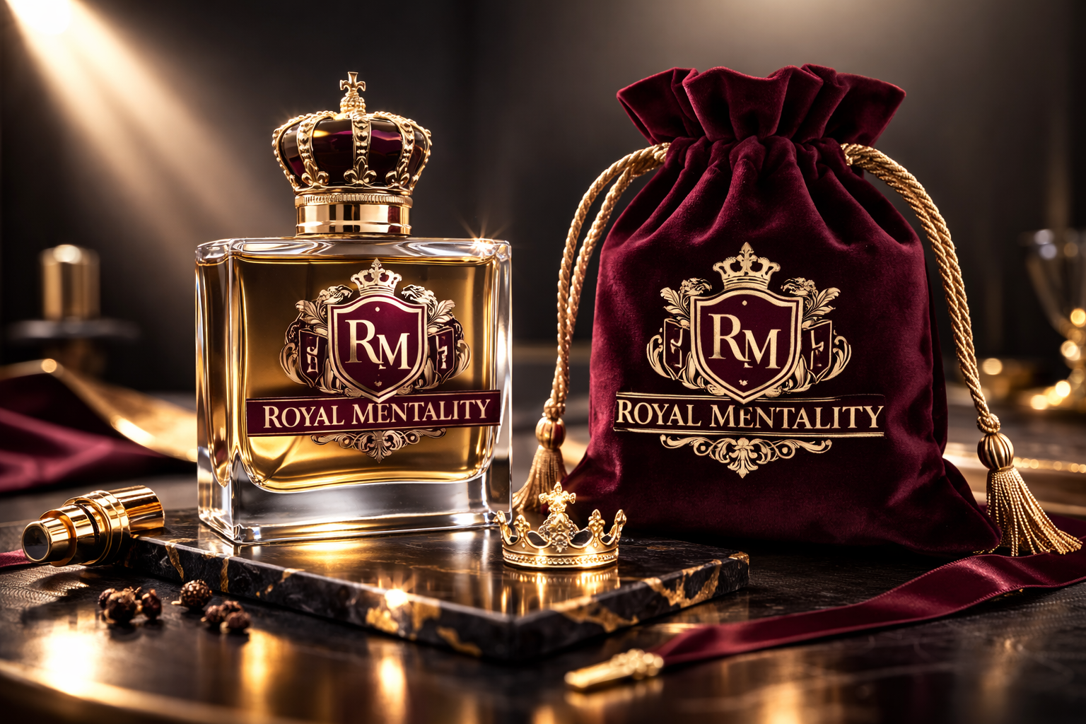 Royal Majesty men's cologne bottle with crown cap and velvet pouch